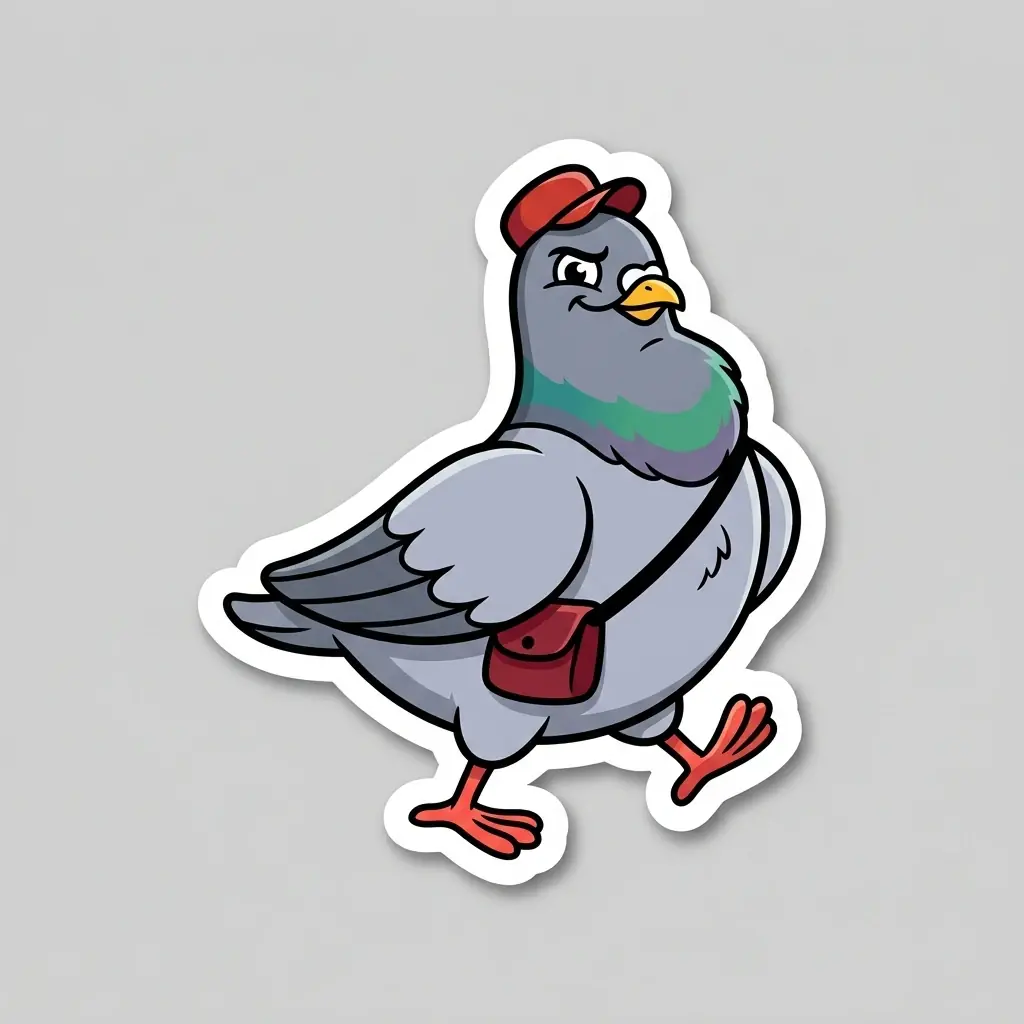 A die-cut cartoon sticker of a grey pigeon in a red cap with a small red satchel across its chest, walking forward, with a white border on grey