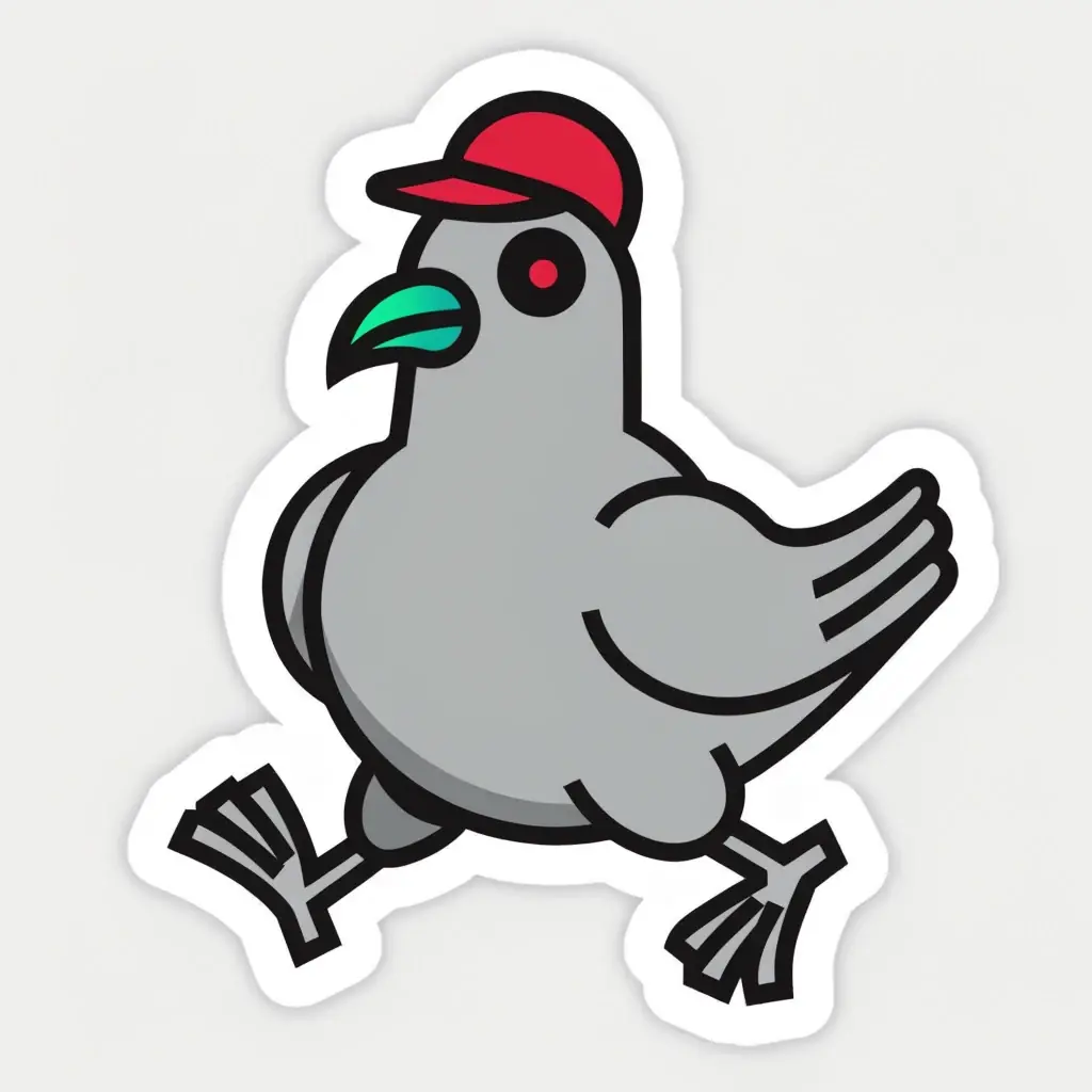 A die-cut cartoon sticker of a round grey bird in a red cap with a green beak and green feet, striding forward, drawn with heavy black lines