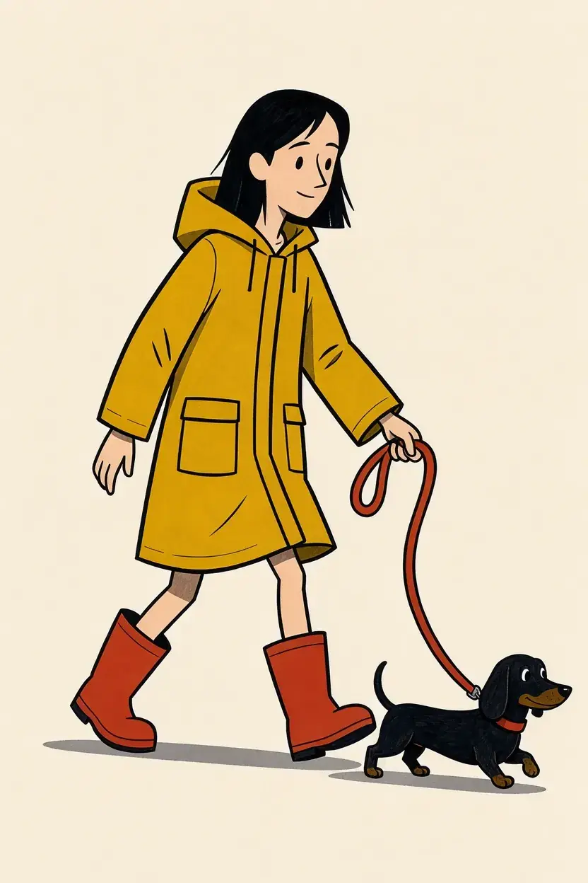 A cartoon of a tall young woman in an oversized mustard raincoat and red rain boots walking a small black dachshund on a red leash, both mid-stride, on a plain cream background