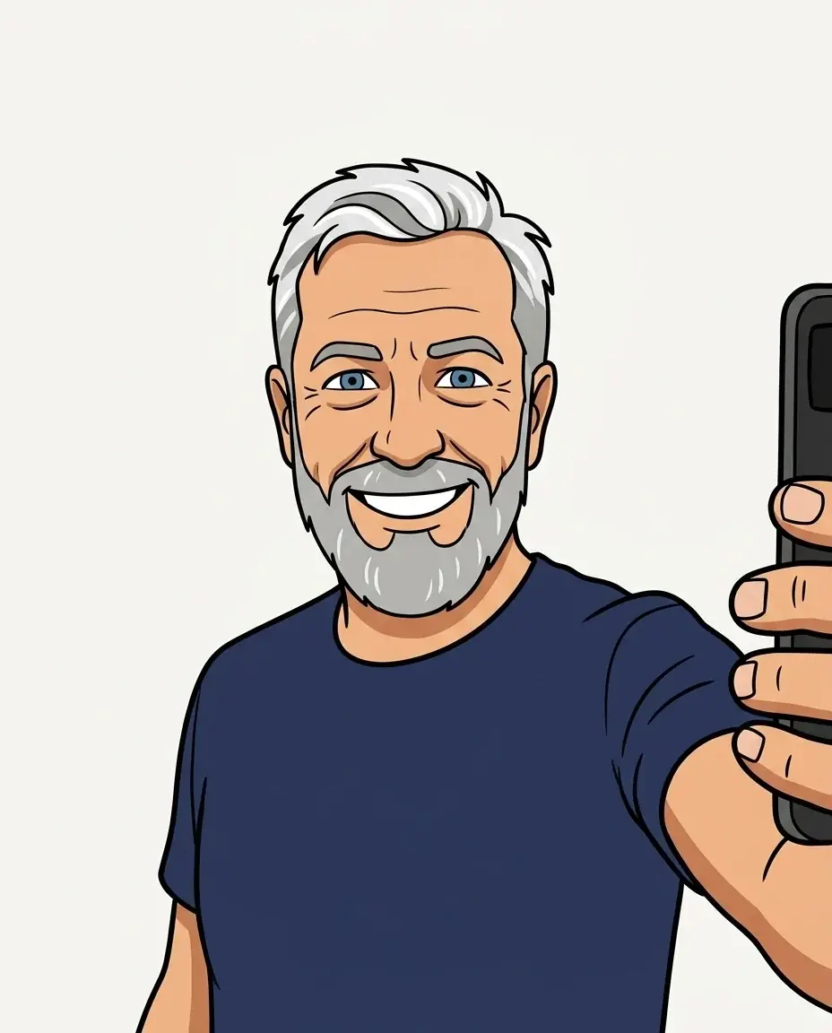 A cartoon of a grey-bearded man in a navy t-shirt grinning and holding up his phone, bold black outlines and flat colors on an off-white background