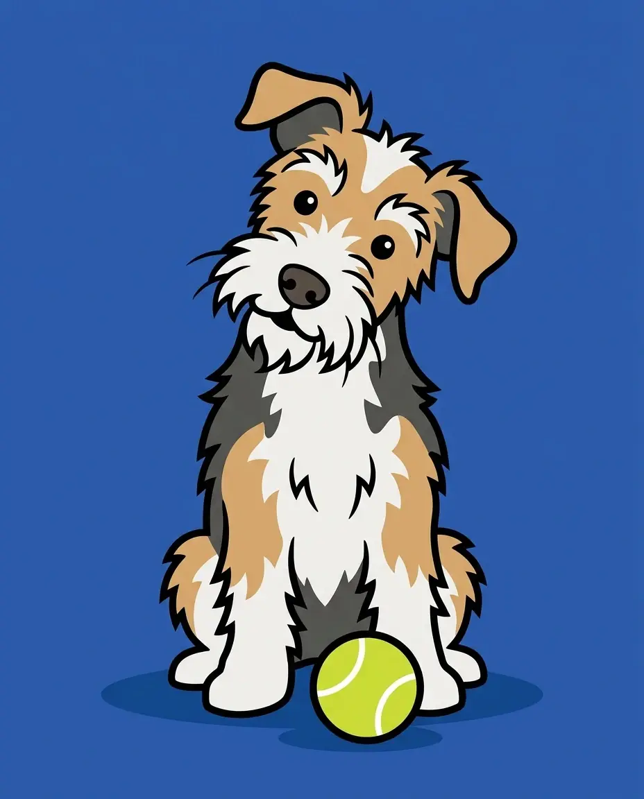 A cartoon portrait of a scruffy wire-haired terrier sitting up with its head tilted and one ear flopped, a tennis ball at its feet, on a solid cobalt blue background