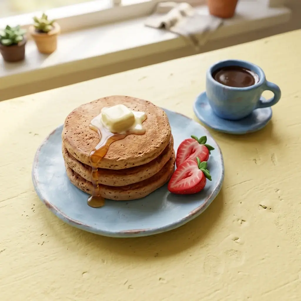 Three clay pancakes with a pat of butter and a drip of syrup beside two halved strawberries on a pale blue plate, a blue cup of coffee on a saucer, on a yellow tabletop with fingerprints in it
