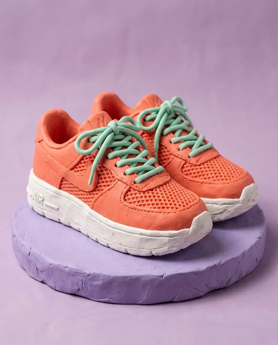 A pair of coral plasticine sneakers with mesh uppers, chunky white soles and mint laces tied in bows, on a lilac clay pedestal against a lilac backdrop