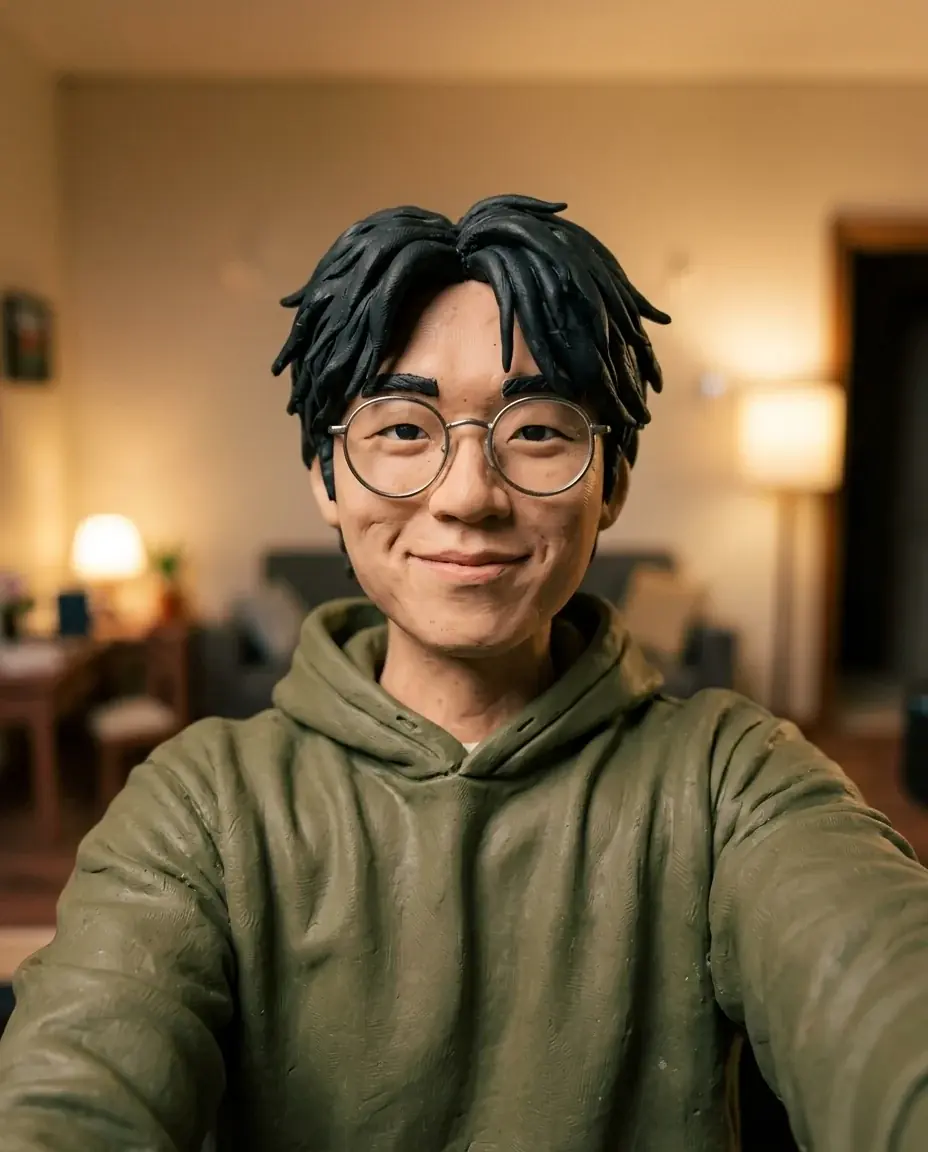 A young man in round glasses and an olive hoodie as a plasticine figure with sculpted hair and tool marks in the clay, in a warm lamp-lit room
