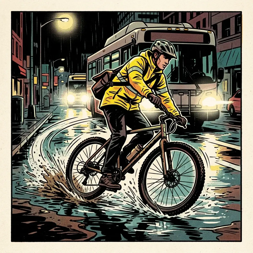 A comic panel of a bike courier in a yellow rain jacket skidding through a puddle on a rainy city street at night, spray fanning from the back wheel and a bus with its headlights on behind him