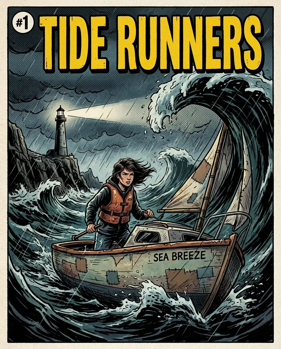 A comic book cover titled TIDE RUNNERS #1: a girl in an orange life jacket steers a patched sailboat through a storm, a huge wave curling over her and a lighthouse beam behind