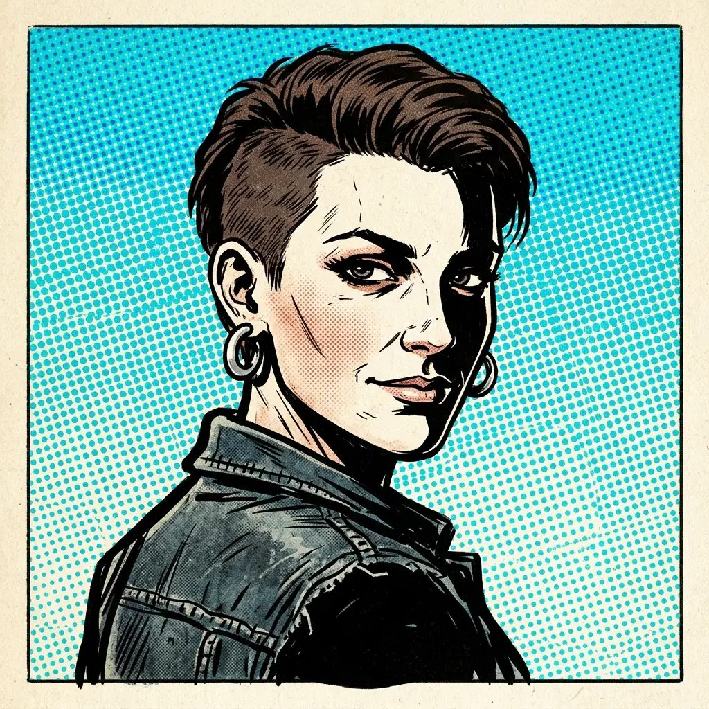 A comic portrait of a woman with a short dark undercut and silver hoop earrings in a denim jacket, looking over her shoulder against a cyan halftone background