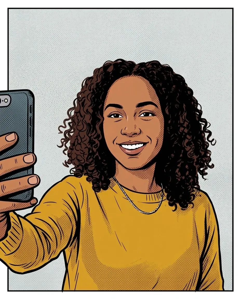 A comic book panel of a woman with dark curly hair in a mustard sweater taking a selfie, inked outlines and halftone dots inside a black panel border