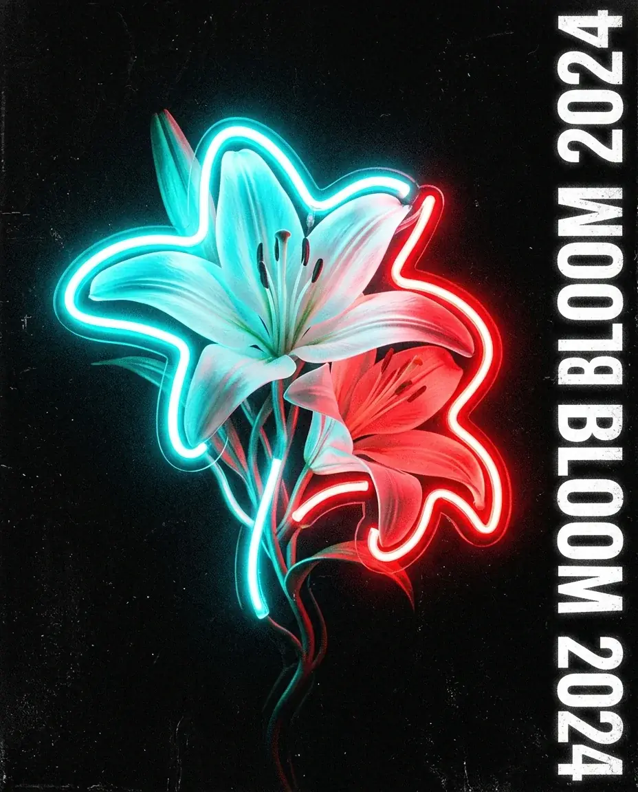 Two lilies outlined in cyan and red neon tubes on a grainy black poster, BLOOM 2024 in tall white condensed letters running down the right side