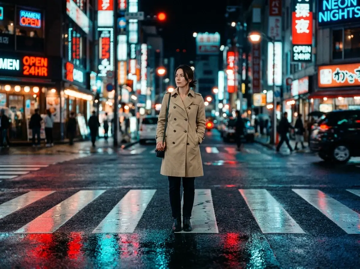 A woman in a sand trench coat standing on a wet crosswalk at night, blurred neon signs behind her and red and cyan reflections in the puddles