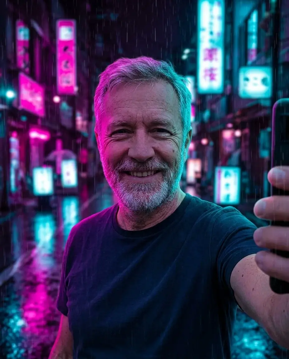 A grey-bearded man in a navy t-shirt taking a selfie on a rainy street at night, lit magenta and cyan by neon signs reflected on the wet ground