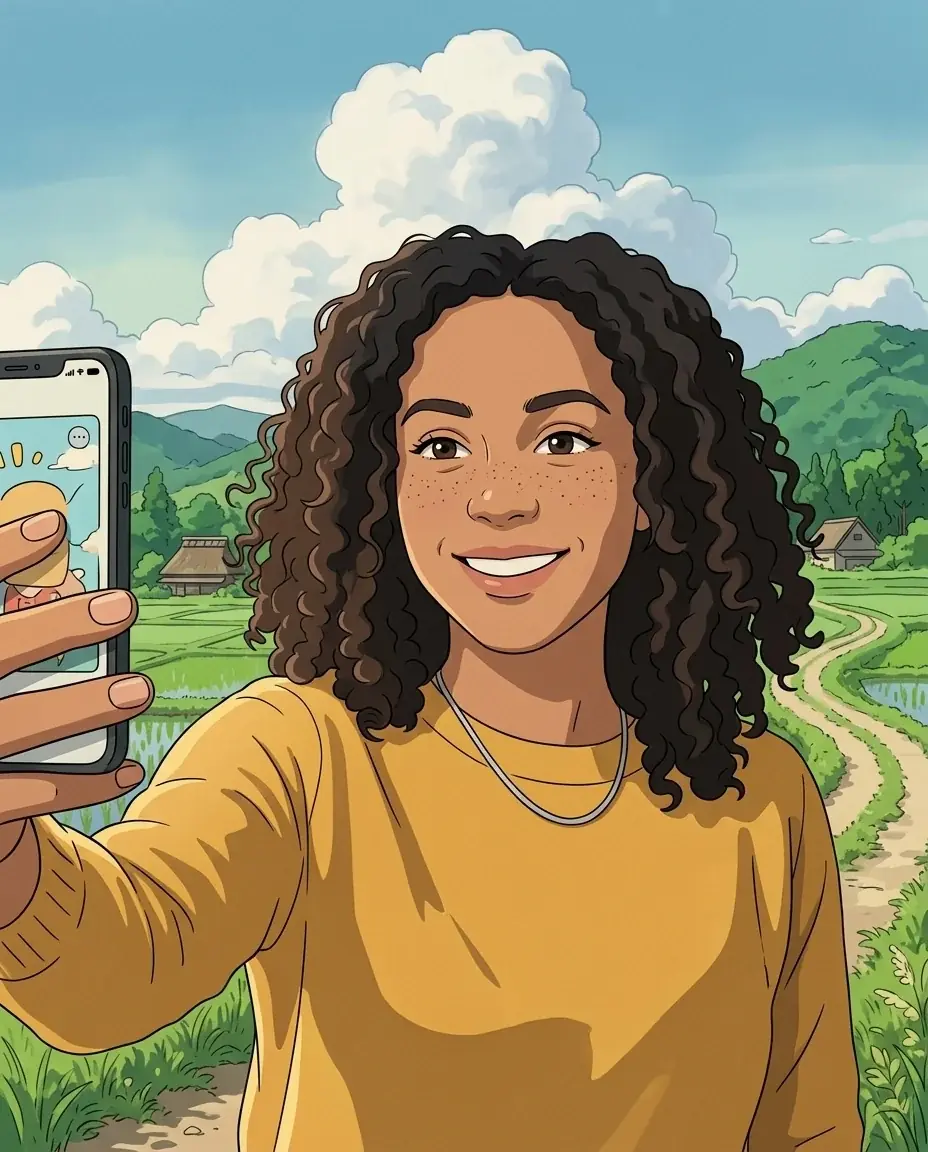 A woman with dark curly hair in a mustard sweater as a hand-painted animated character taking a selfie in green countryside under big white clouds