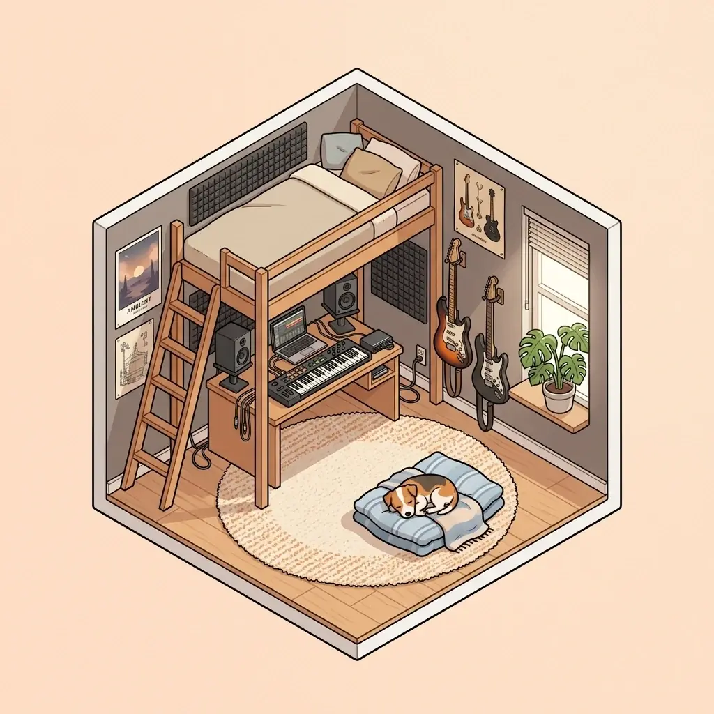 An isometric cutaway of a small bedroom music studio on pale peach: a loft bed over a desk with a keyboard, laptop and two speakers, two guitars on the wall, a plant by the window and a small dog asleep on a cushion