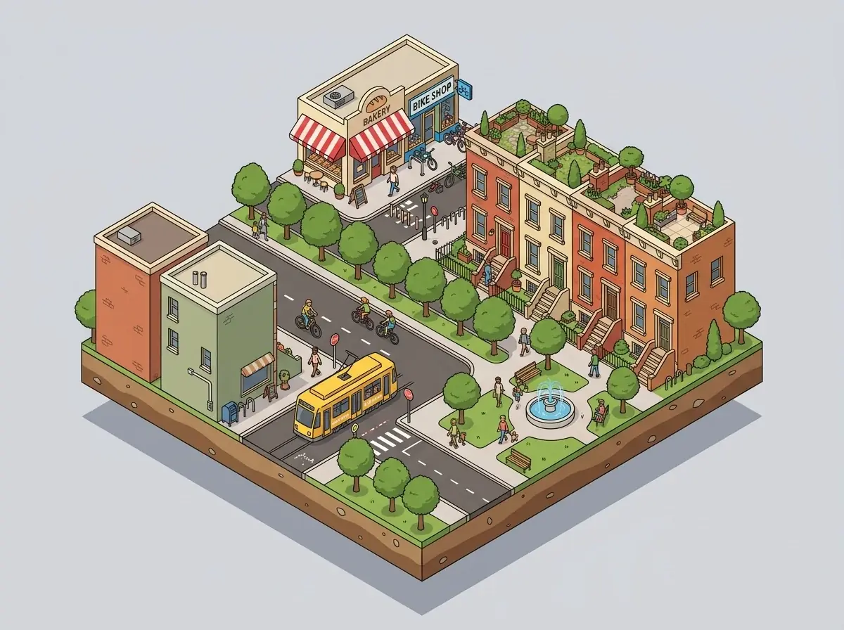 An isometric city block on a floating square of ground: a bakery with a striped awning, a bike shop, brick townhouses with roof gardens, a park with a fountain and a yellow tram at a crossing, with tiny people walking and cycling