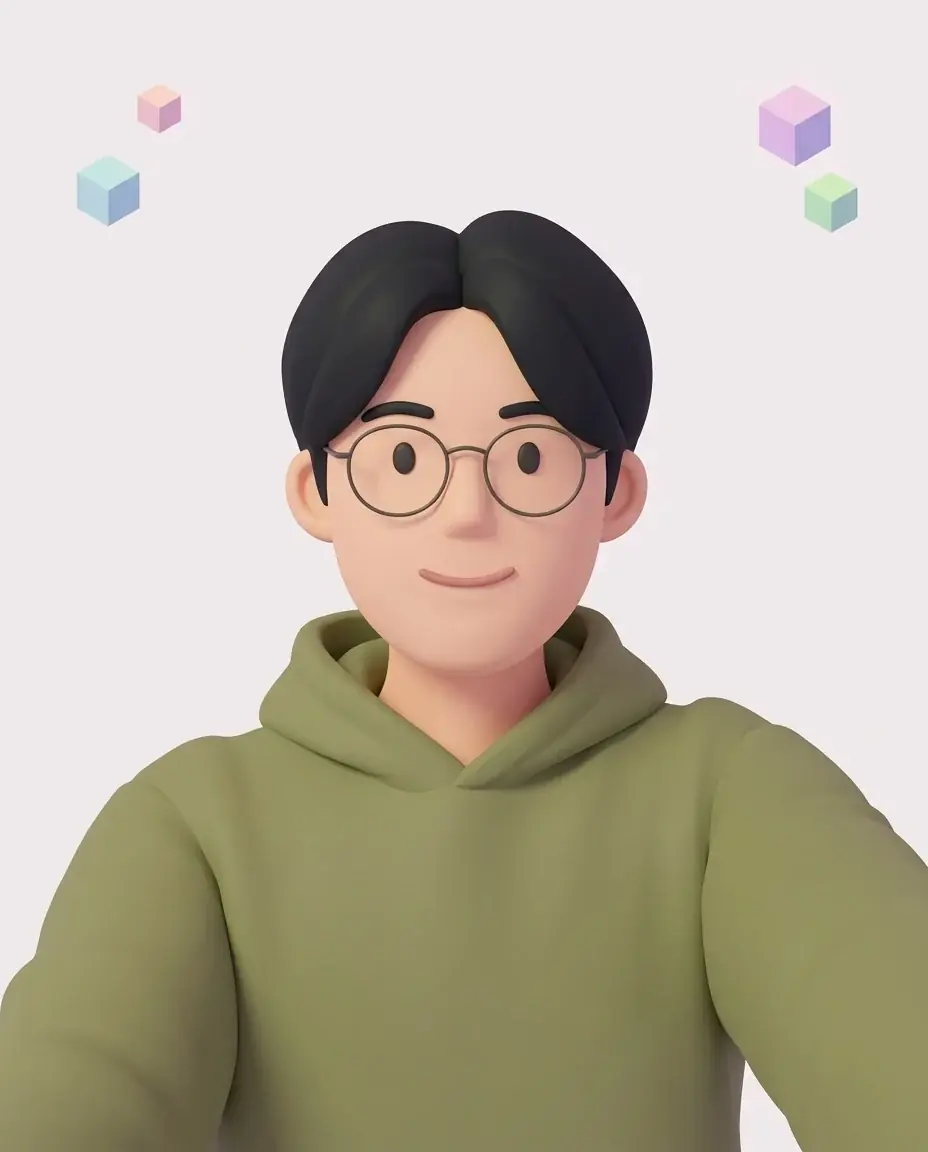 A young man in round glasses and an olive hoodie as a smooth pastel 3D character bust with small isometric cubes floating in the corners