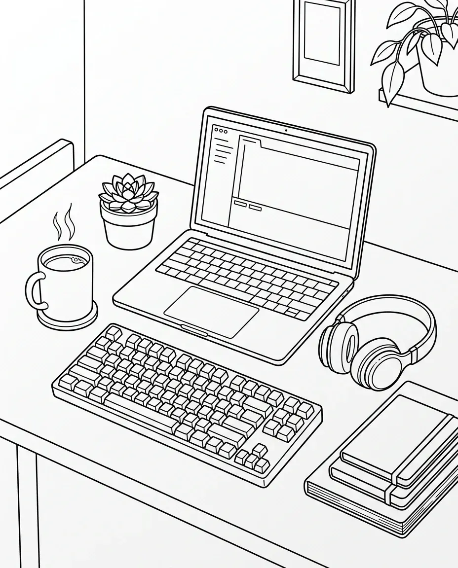 A black line drawing of a desk on white: an open laptop, a mechanical keyboard, a steaming mug on a coaster, a succulent in a pot, headphones and a stack of notebooks, with a framed picture and a hanging plant on the wall