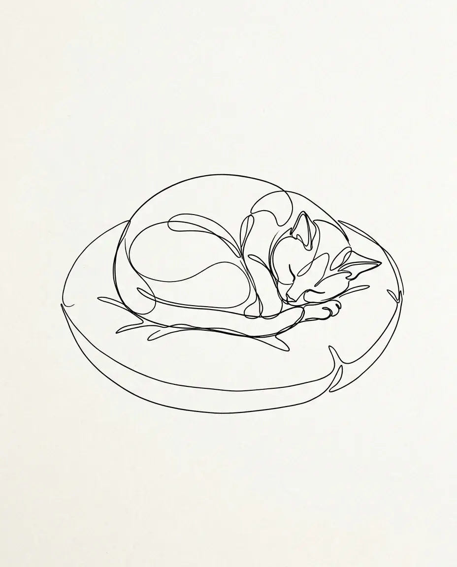 A continuous black line drawing of a cat curled up asleep on a round cushion, the line looping over itself, on off-white paper