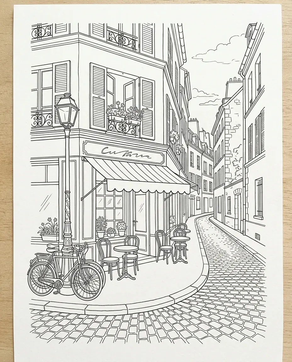 A fine pen drawing of a narrow cobbled street corner: a café with a striped awning, bistro tables and chairs, two bicycles at a lamp post, shuttered windows with flower boxes and tall buildings receding down the street
