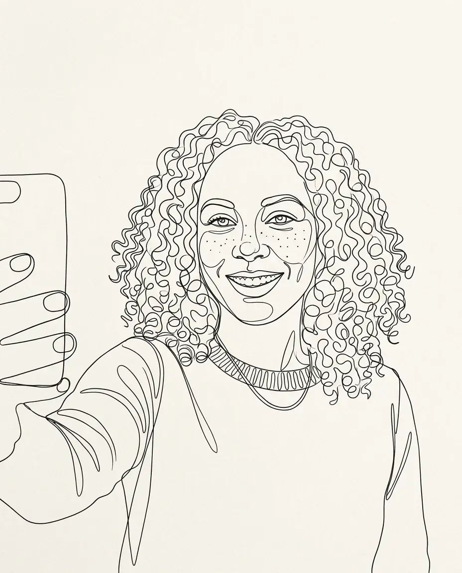 A smiling woman with curly hair holding up her phone, drawn in one thin unbroken black line on off-white paper