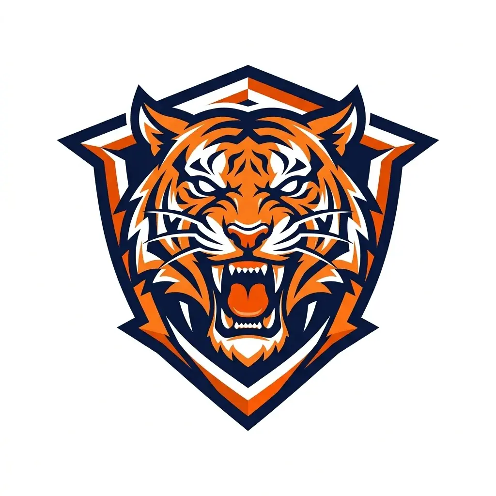 An esports mascot logo of a roaring tiger head inside an angular shield, in orange, navy and white with thick dark outlines, on white