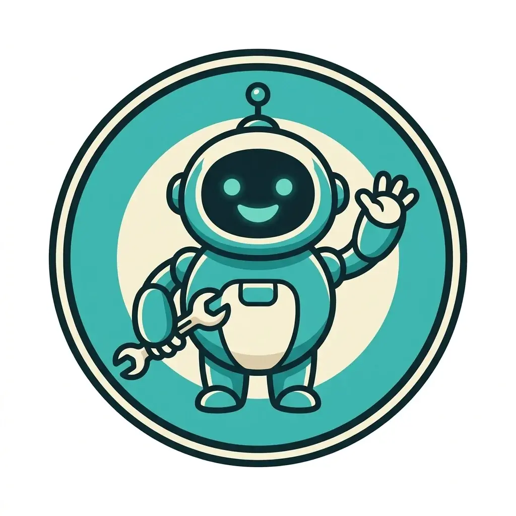 A startup mascot logo of a smiling teal robot waving and holding a wrench inside a round teal and cream badge, on white