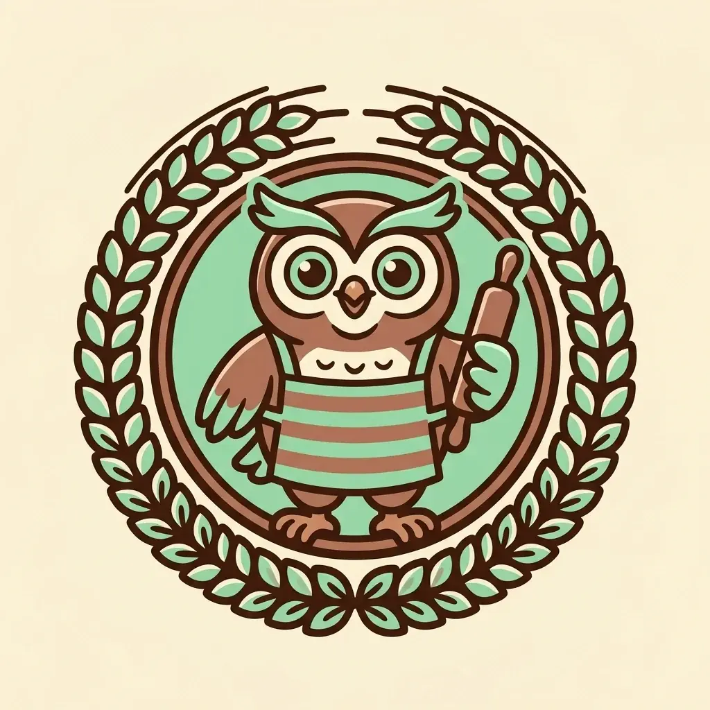 A bakery mascot logo of a brown owl in a striped mint apron holding a rolling pin, inside a round badge ringed with leaves, on cream