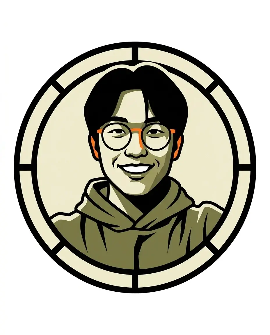 A young man in round glasses and an olive hoodie as a flat mascot badge with thick black outlines in olive, cream and orange, inside a round frame