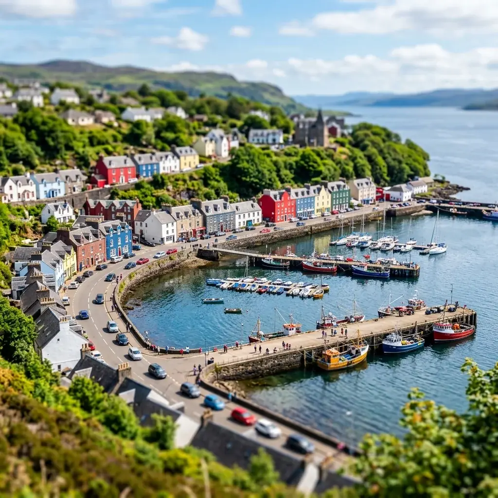 A harbor town seen from a hillside in tilt-shift: rows of red, blue and white houses along a curved waterfront road, toy-sized cars, fishing boats at a stone pier and tiny people, the foreground and sky blurred
