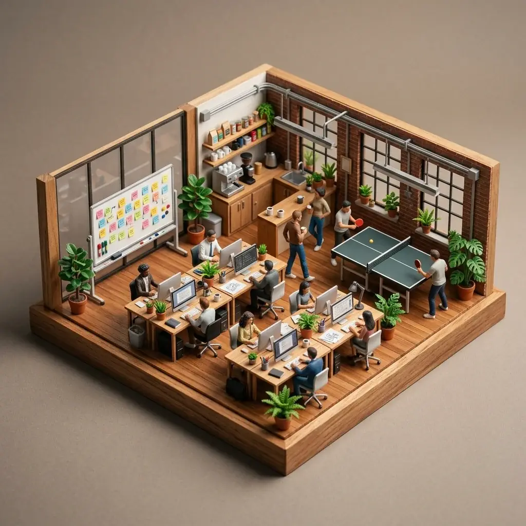 An isometric scale model of a startup office on a wooden base with two walls cut away: desks with monitors, a whiteboard of sticky notes, a coffee counter, potted plants, a ping-pong game and tiny figures at work