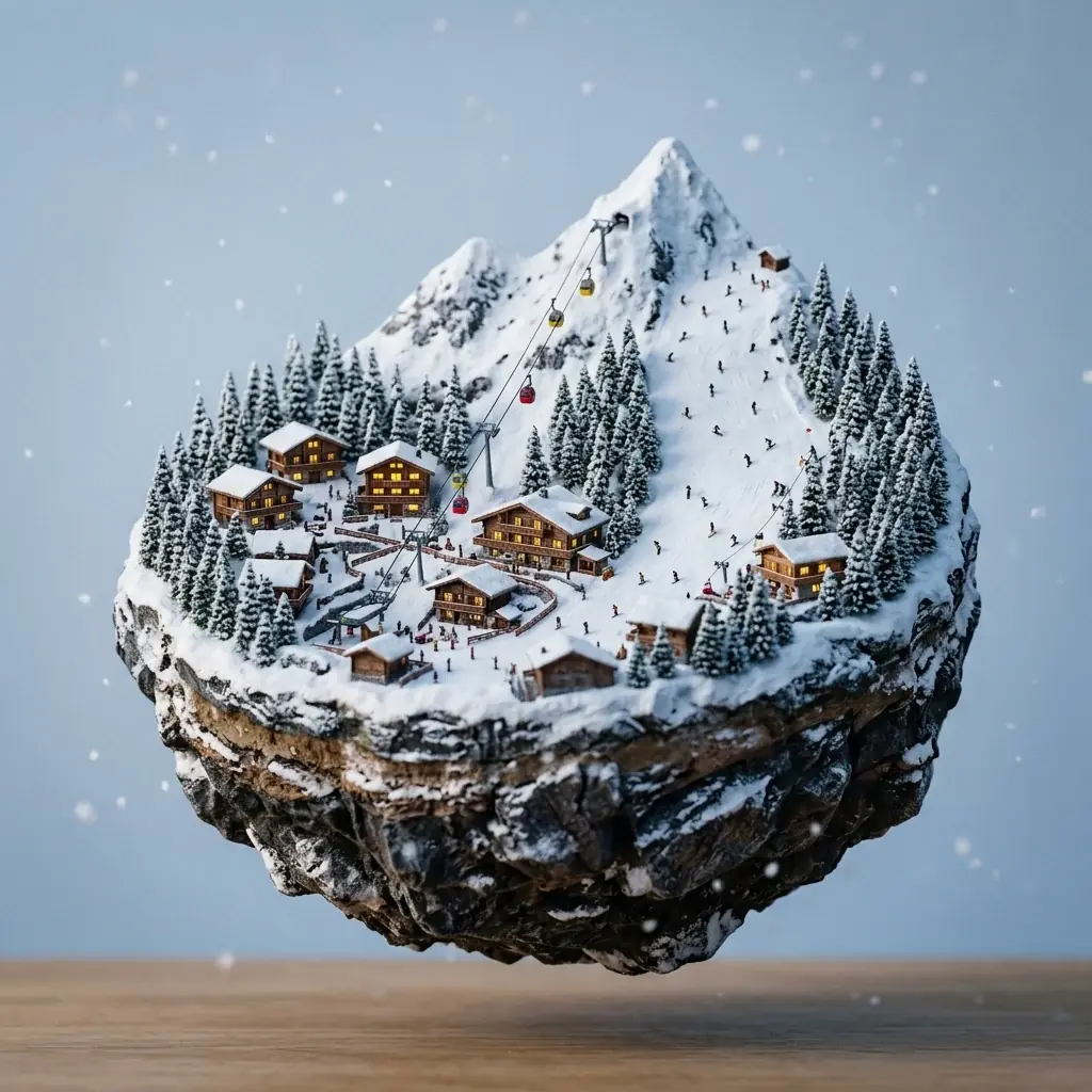 A floating chunk of rock topped with a snowy mountain: wooden chalets with lit windows, a gondola line with red and yellow cabins, tiny skiers on the slope and snow-covered pines, above a wooden table in falling snow