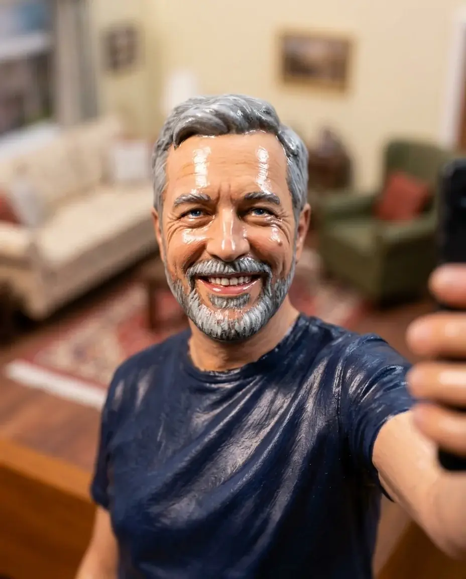 A grinning older man with grey hair and a grey beard in a navy t-shirt as a glossy hand-painted miniature figure, in a blurred model living room