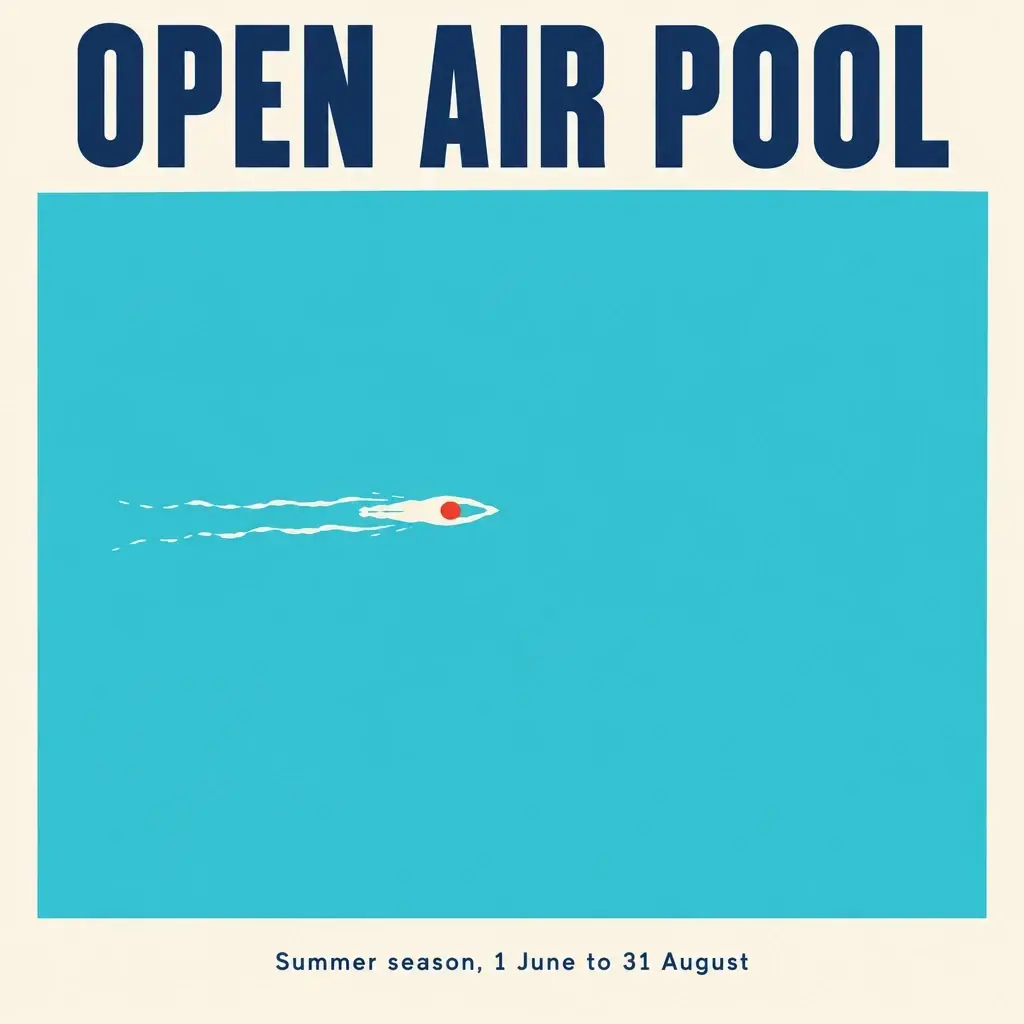 GPT Image 2.5 Sunburst: OPEN AIR POOL in condensed navy capitals above a turquoise pool that fills the sheet, a swimmer in a red cap at the left trailing a white wake, the dates in spaced navy type below
