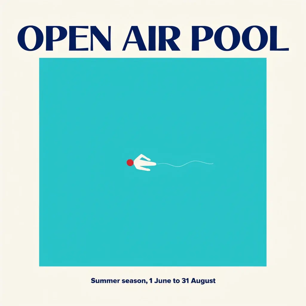Recraft V4.1: OPEN AIR POOL in a wide navy serif above a turquoise square that fills the sheet, a white swimmer shape with a red cap and a thin wavy wake, the dates in bold below