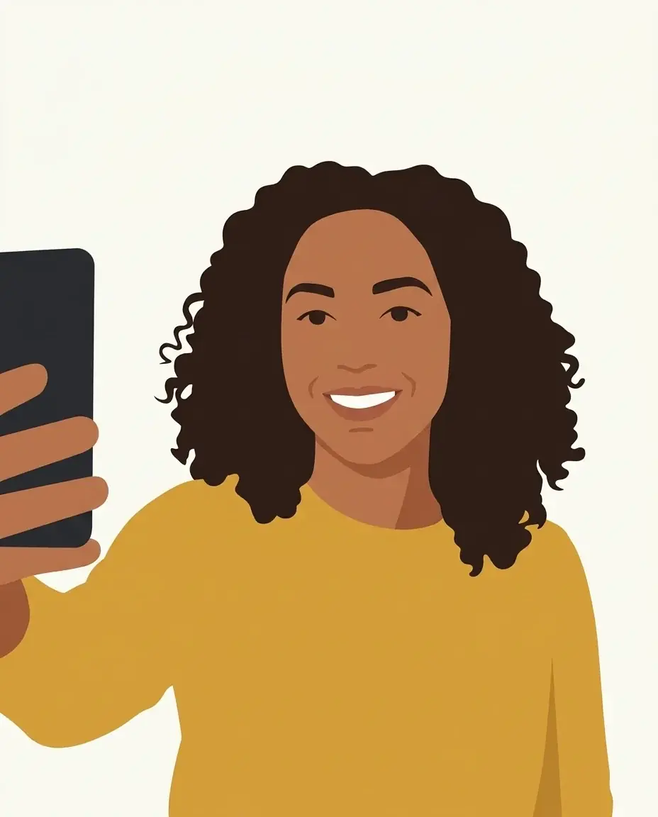 A flat minimalist portrait of a woman with dark curly hair in a mustard sweater holding up her phone, a few flat colors on an off-white background