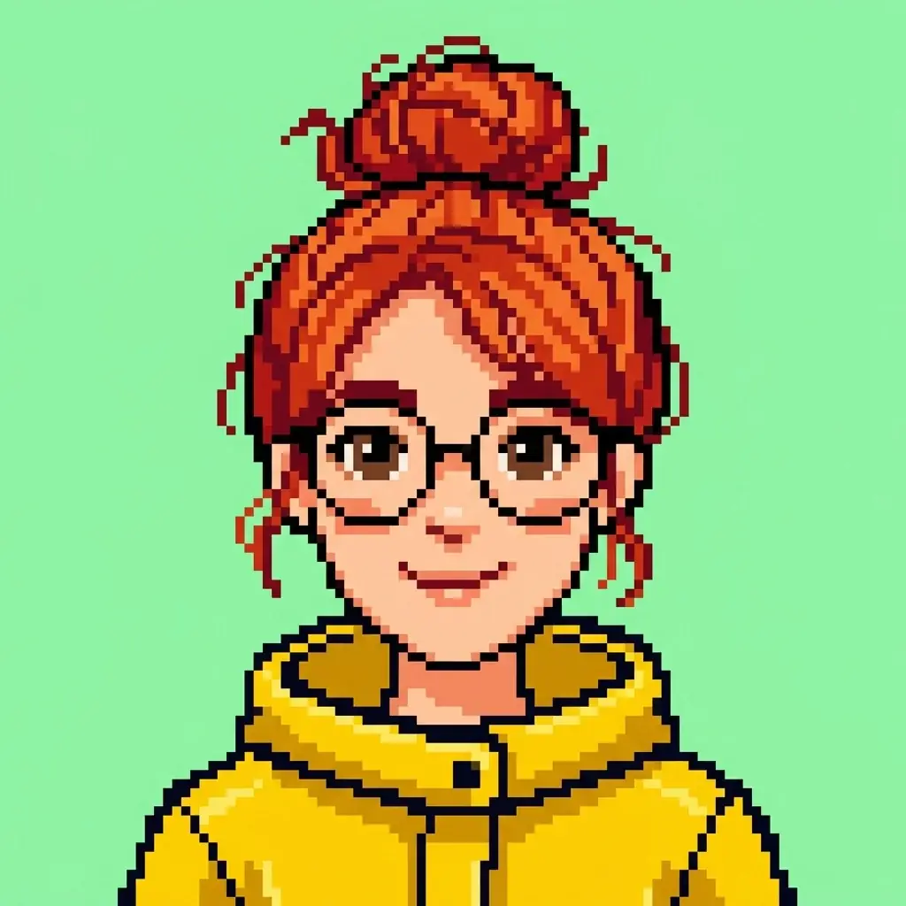 A pixel-art portrait of a smiling young woman with a messy red bun, round glasses and a yellow raincoat on a flat mint background