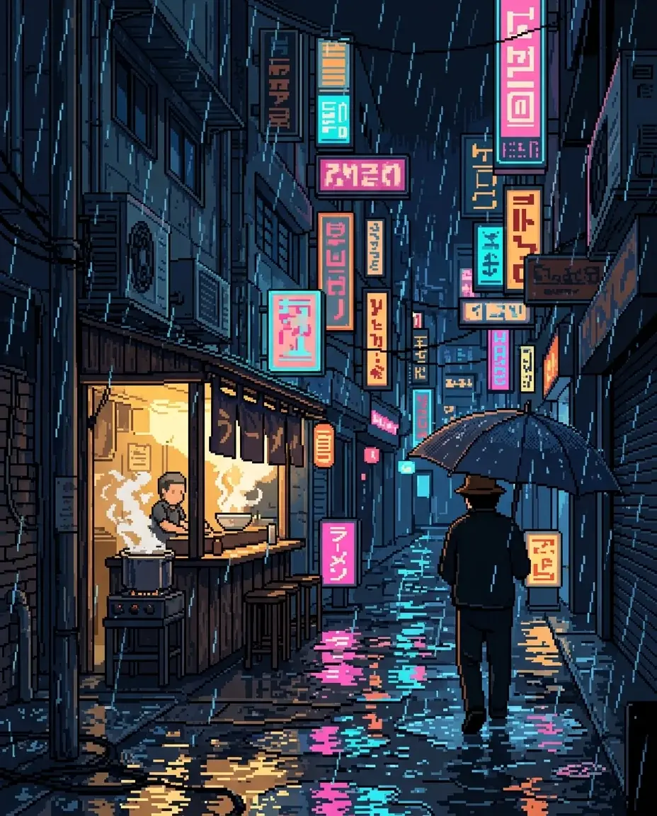 A pixel-art alley at night in the rain: pink and cyan neon signs, a noodle stall with steam rising from a pot, reflections in the puddles and a figure walking away under an umbrella