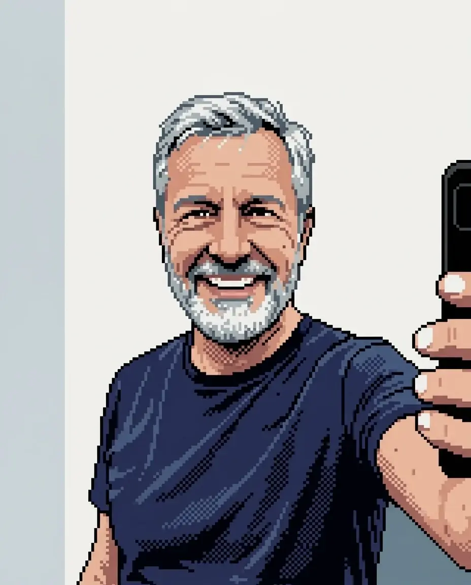 A pixel art portrait of a grey-bearded man in a navy t-shirt grinning and holding up his phone, square pixels and dithered shading