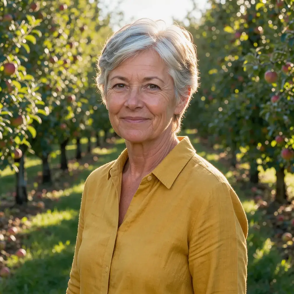 Flux 3 Image: a woman in her sixties with short silver hair and a mustard linen shirt facing the camera between rows of apple trees, sun rimming her hair