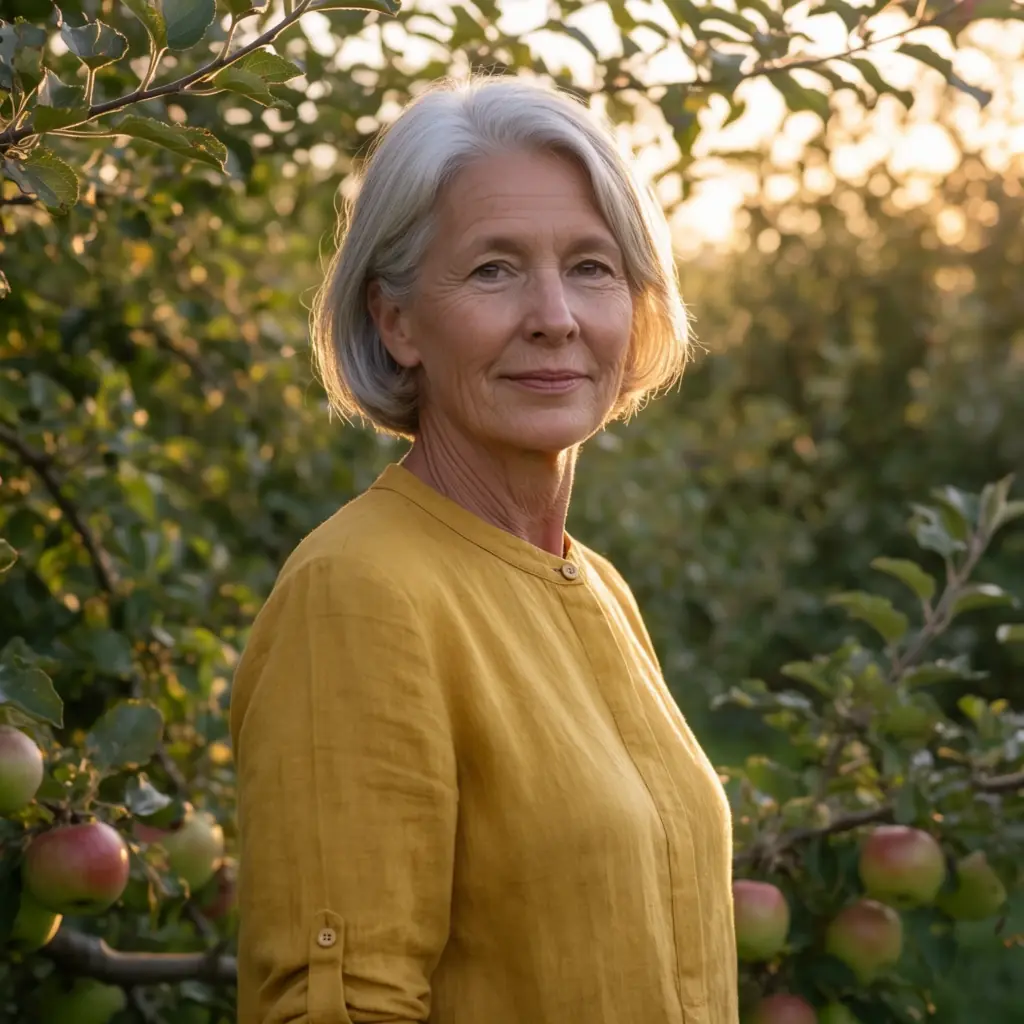 Krea 2: the woman with a longer silver bob, low sun through the leaves behind her and red apples on the branches in front