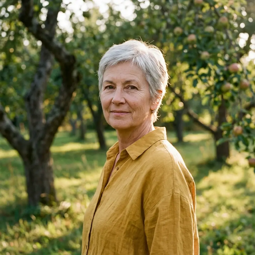 Nano Banana 2.1: the woman in a three-quarter turn with a slight smile, soft light on her face, gnarled apple trees behind