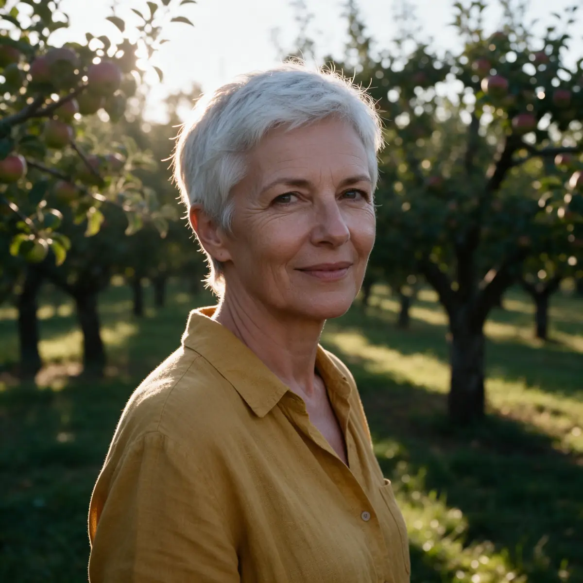 Seedream 5 Pro: the woman with strong rim light in her hair, high contrast, the orchard rows falling into shade behind her