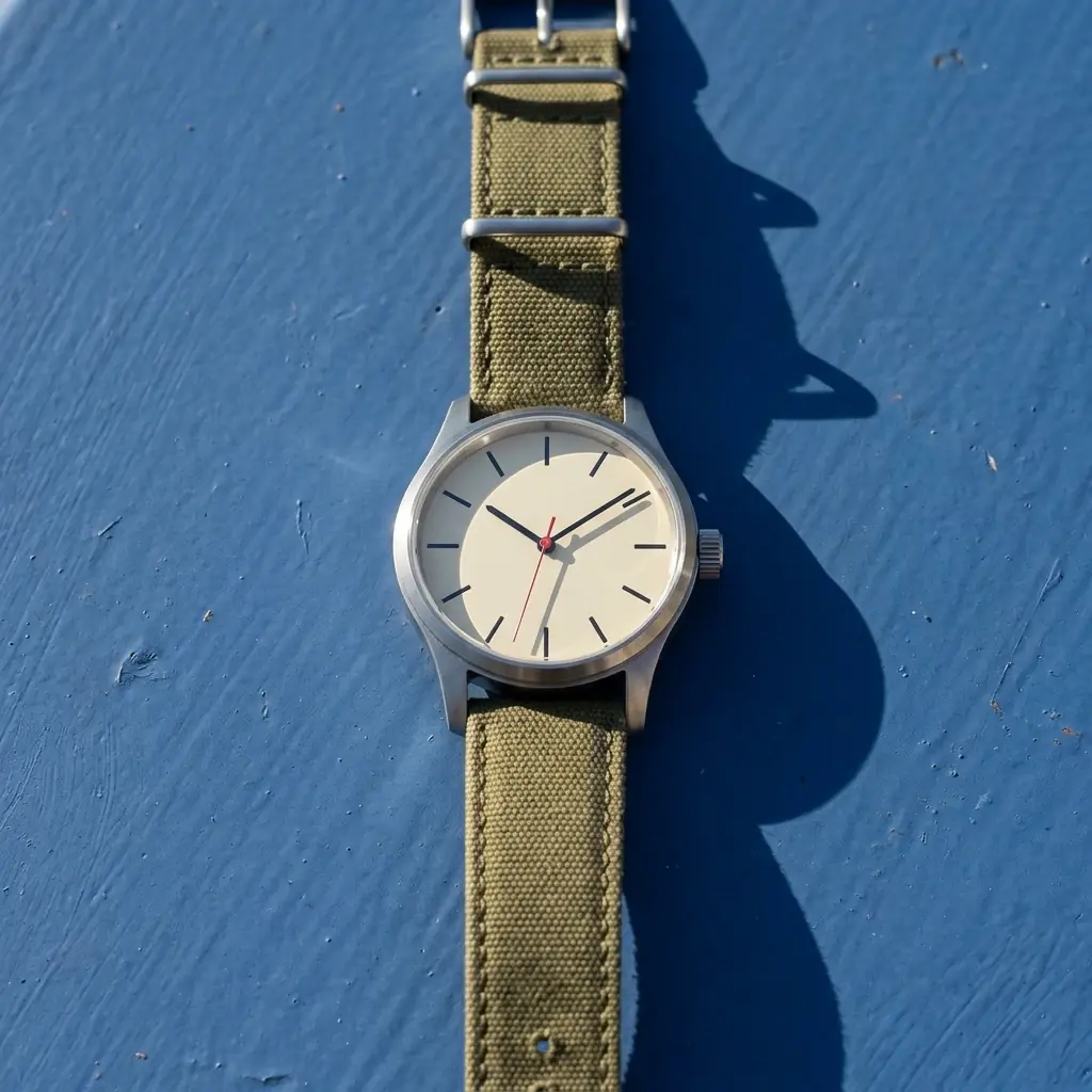 A steel field watch with a cream dial, black baton markers and a red seconds hand on an olive canvas strap, lying on blue painted wood, hard sun casting one long shadow
