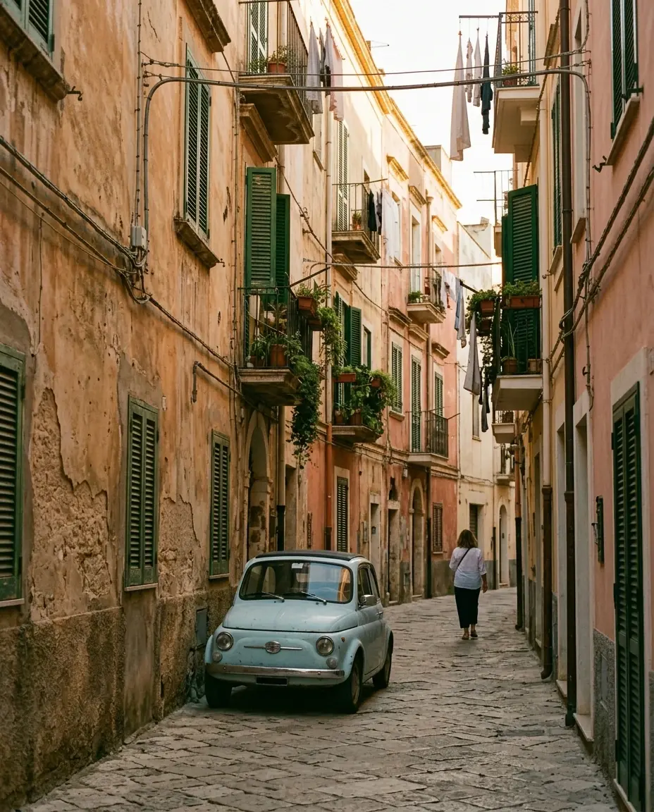 A narrow lane of ochre and pink plaster houses with green shutters and laundry overhead, a pale-blue 1960s car parked against the wall and a woman in a white shirt walking away