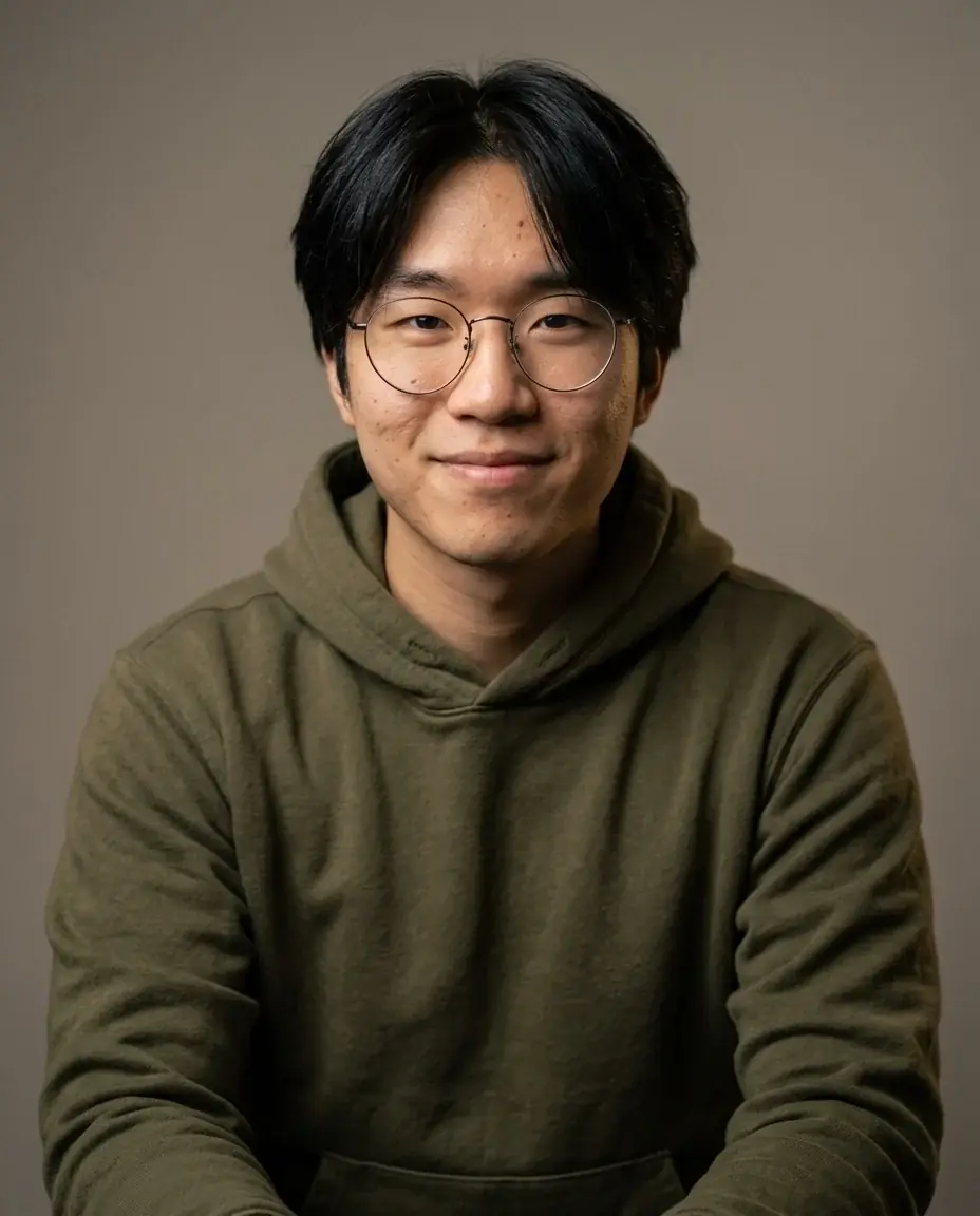 A studio portrait photo of a young man in round glasses and an olive hoodie, soft side light on a warm grey backdrop