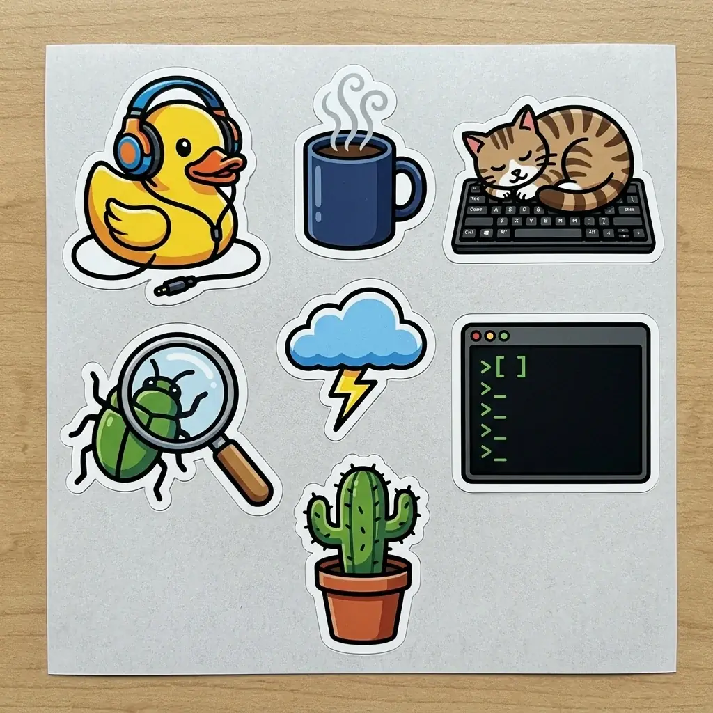 A programmer sticker sheet on light grey: a rubber duck in headphones, a blue coffee mug, a tabby cat asleep on a keyboard, a green bug under a magnifying glass, a storm cloud, a terminal window and a potted cactus, all with white die-cut borders
