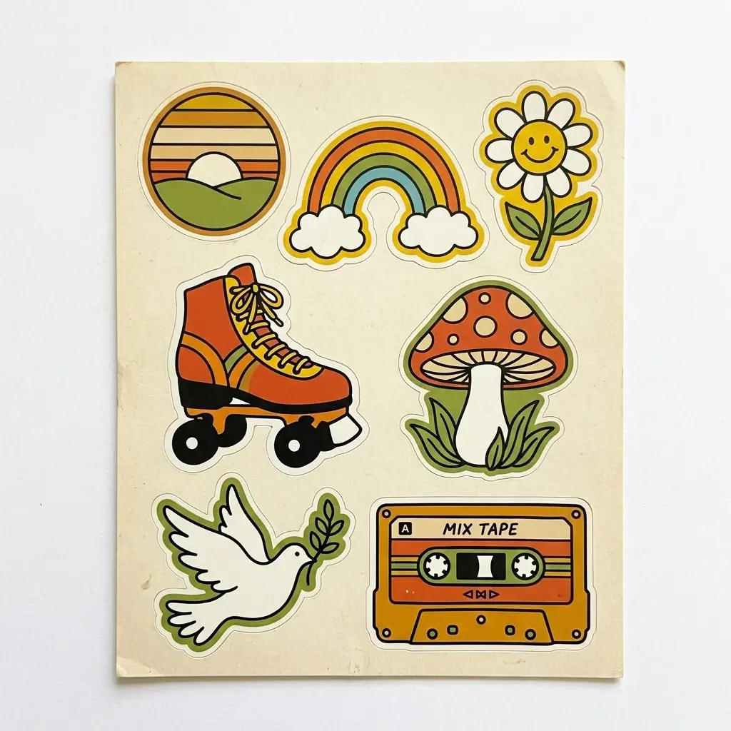 A retro sticker sheet in mustard, orange and olive on cream: a striped sunset, a rainbow with clouds, a smiling daisy, a roller skate, a spotted mushroom, a dove with an olive branch and a cassette tape
