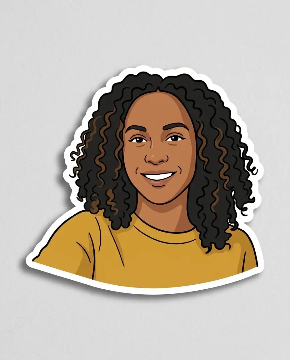 A smiling woman with dark curly hair in a mustard sweater as a die-cut cartoon sticker with a thick white border, on a pale grey surface