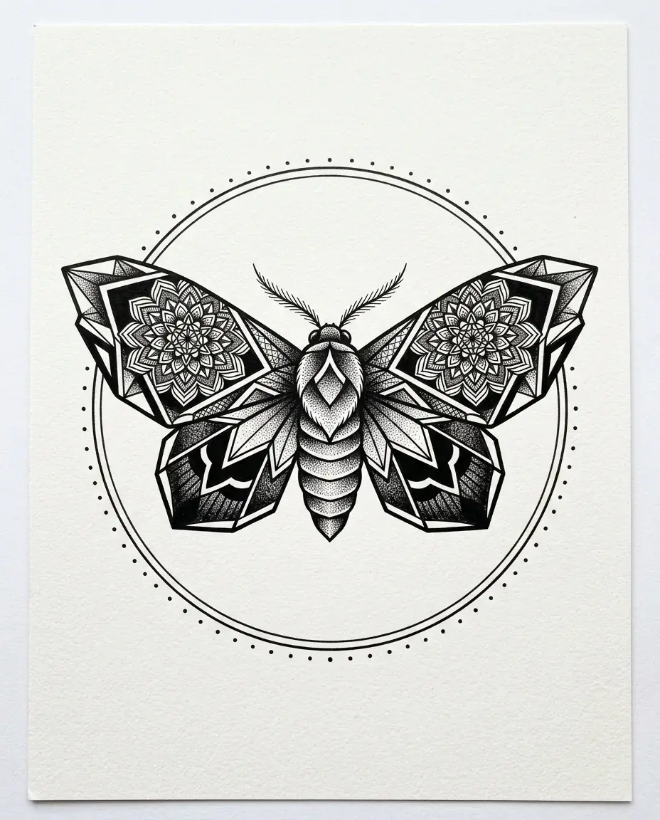 A blackwork tattoo design of a symmetrical moth with geometric wings, a mandala inside each wing and dotwork shading, inside a thin circle ringed with dots on white paper