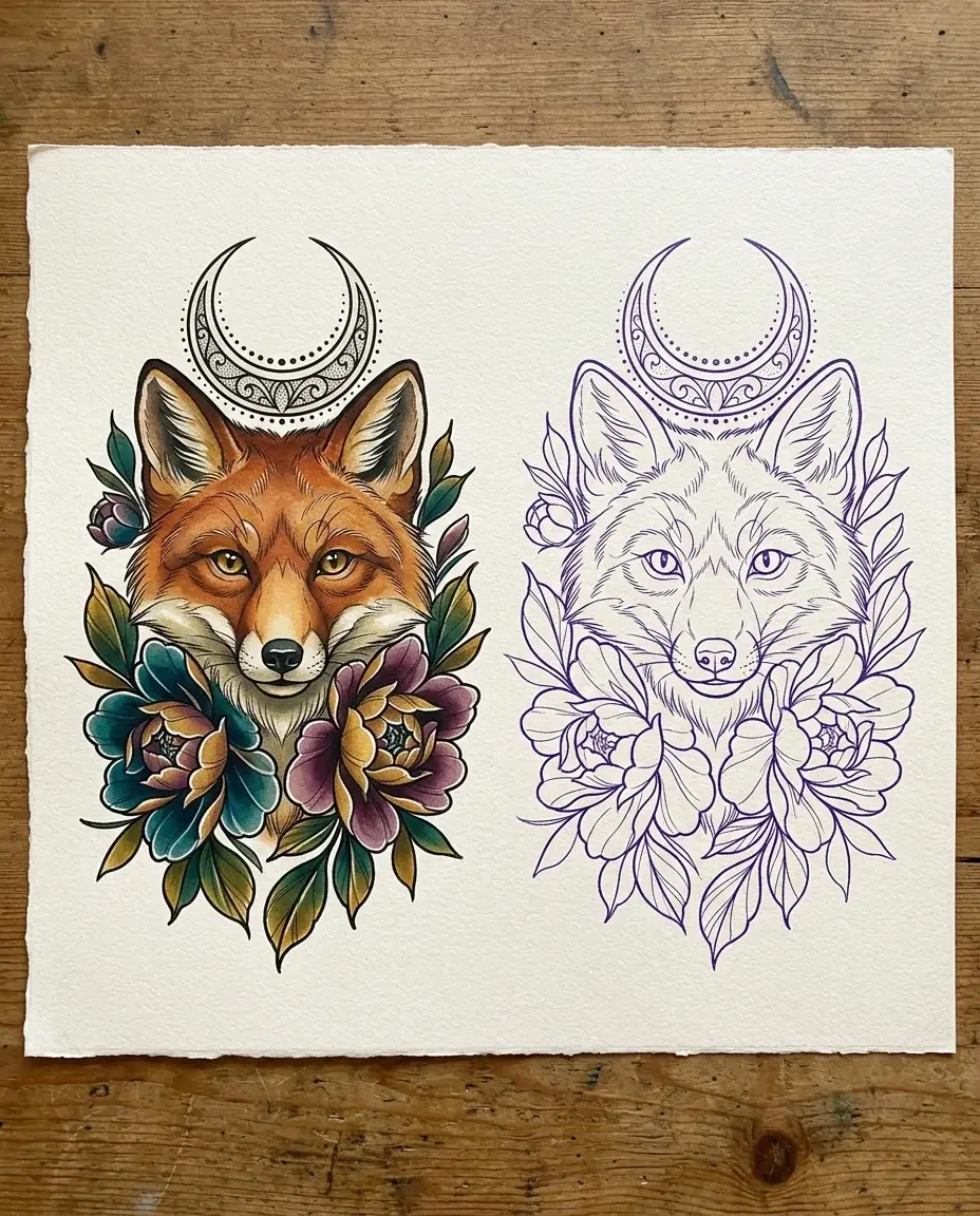 A neo-traditional tattoo design of a fox head under a crescent moon, framed by teal and plum peonies, painted in full color beside the same design as a purple stencil outline, on watercolor paper on a wooden table