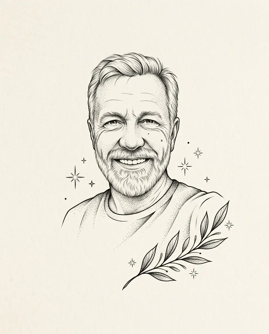 A grinning older man with a grey beard as a fine-line tattoo flash drawing in black ink with stippled shading, small stars and a leaf sprig, on cream paper